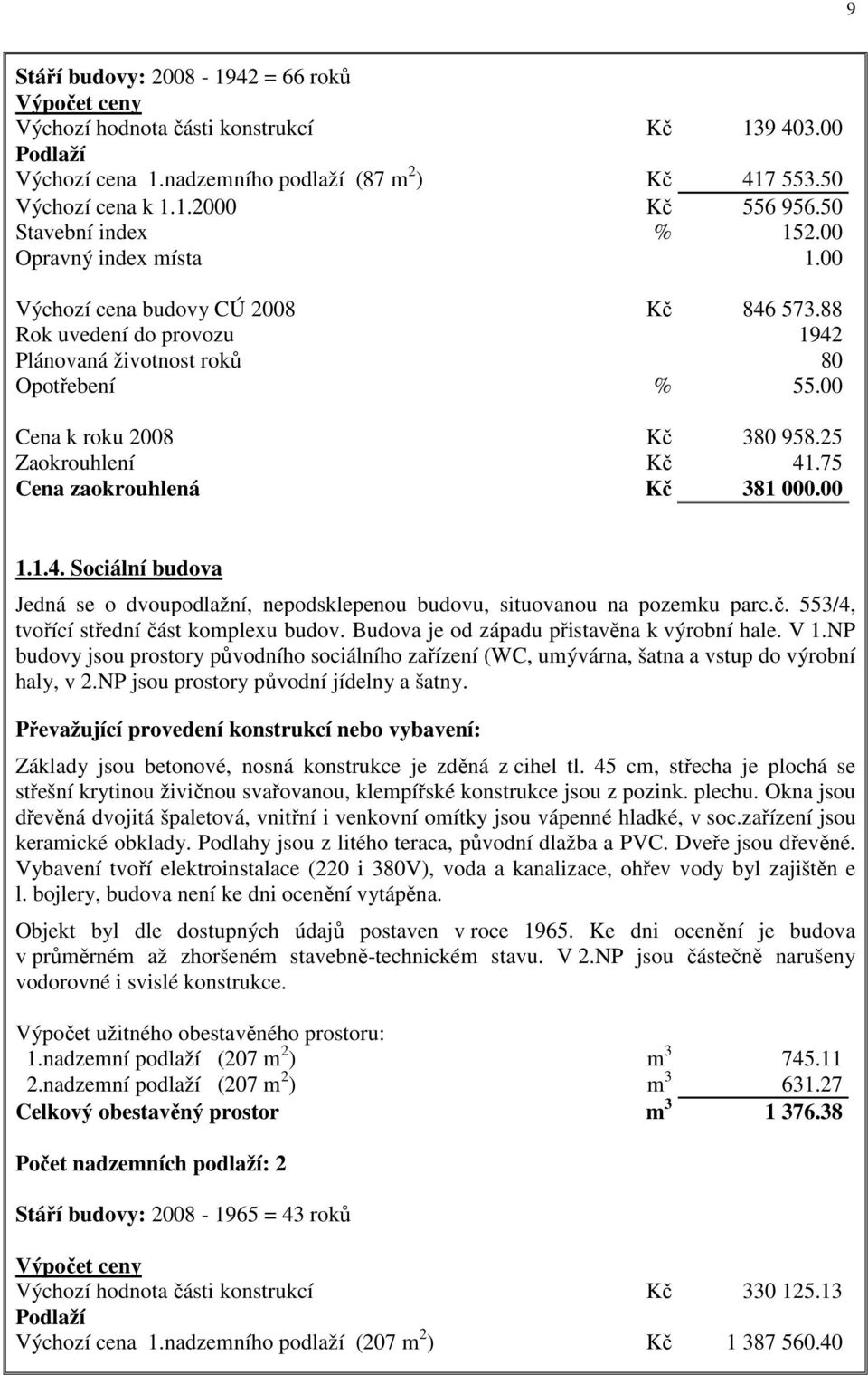 25 Zaokrouhlení Kč 41.75 Cena zaokrouhlená Kč 381 000.00 1.1.4. Sociální budova Jedná se o dvoupodlažní, nepodsklepenou budovu, situovanou na pozemku parc.č. 553/4, tvořící střední část komplexu budov.