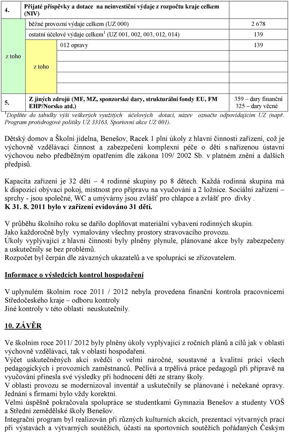 ) 359 dary finanční 325 dary věcné 1 Doplňte do tabulky výši veškerých využitých účelových dotací, název označte odpovídajícím UZ (např. Program protidrogové politiky UZ 33163, Sportovní akce UZ 001).