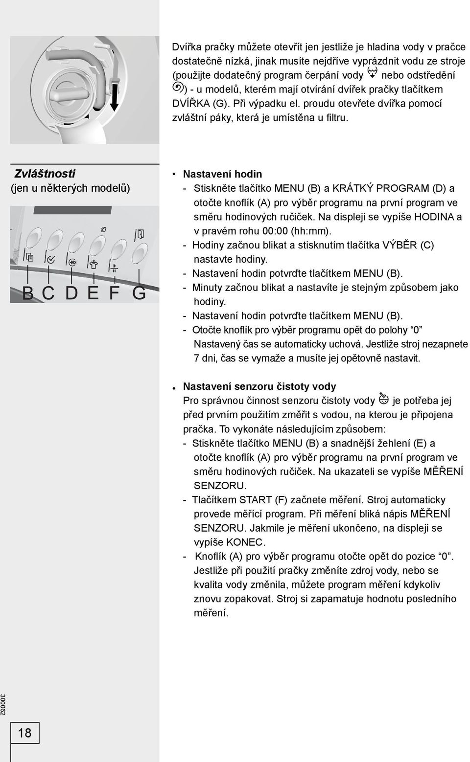 Zvláštnosti (jen u některých modelů) Nastavení hodin - Stiskněte tlačítko MENU (B) a KRÁTKÝ PROGRAM (D) a otočte knofl ík (A) pro výběr programu na první program ve směru hodinových ručiček.