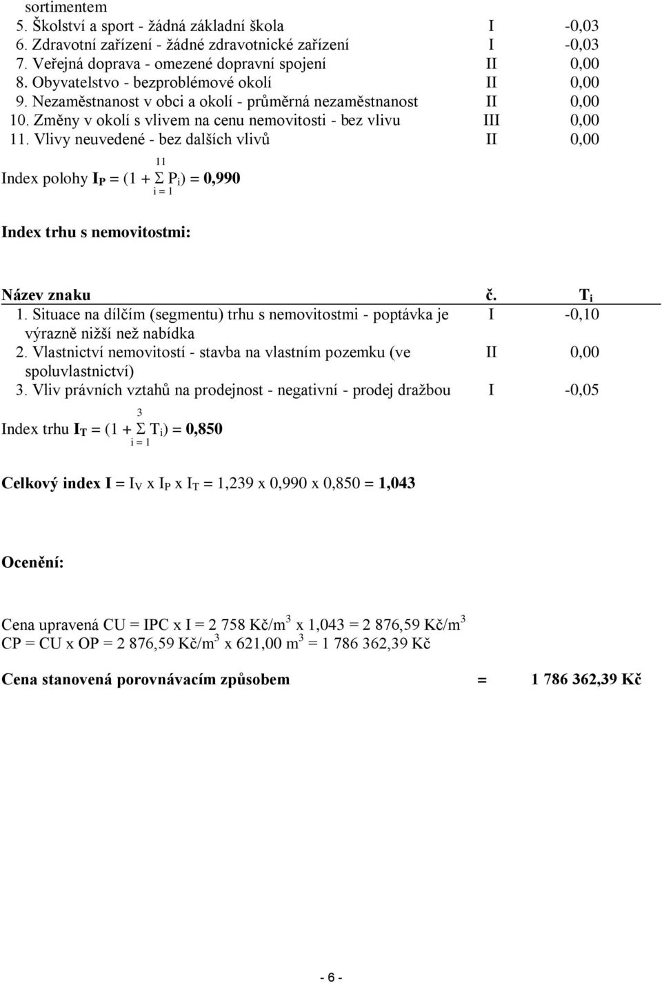 Vlivy neuvedené - bez dalších vlivů II 0,00 11 Index polohy I P = (1 + P i ) = 0,990 i = 1 Index trhu s nemovitostmi: Název znaku č. T i 1.