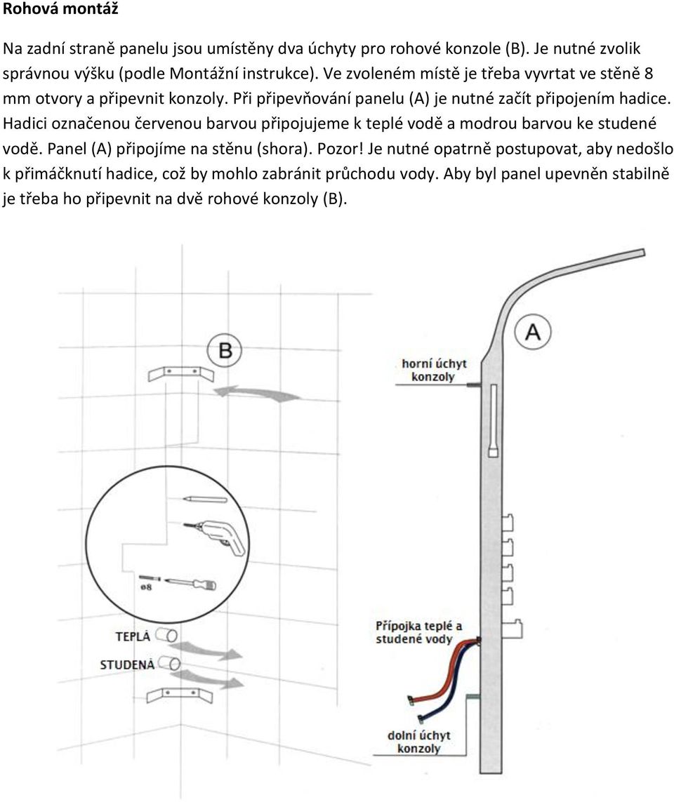Hadici označenou červenou barvou připojujeme k teplé vodě a modrou barvou ke studené vodě. Panel (A) připojíme na stěnu (shora). Pozor!
