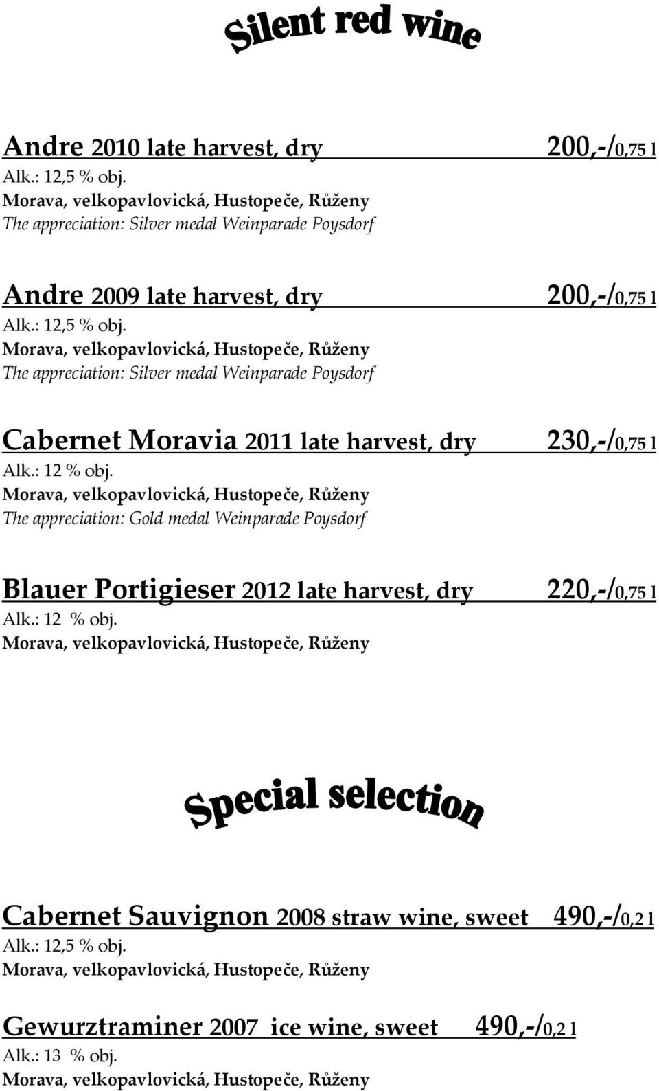 dry The appreciation: Gold medal Weinparade Poysdorf 230,-/0,75 l Blauer Portigieser 2012 late harvest, dry