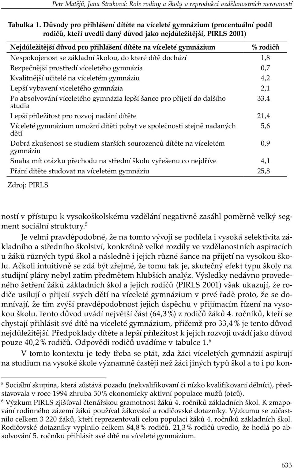 gymnázium % rodičů Nespokojenost se základní školou, do které dítě dochází 1,8 Bezpečnější prostředí víceletého gymnázia 0,7 Kvalitnější učitelé na víceletém gymnáziu 4,2 Lepší vybavení víceletého