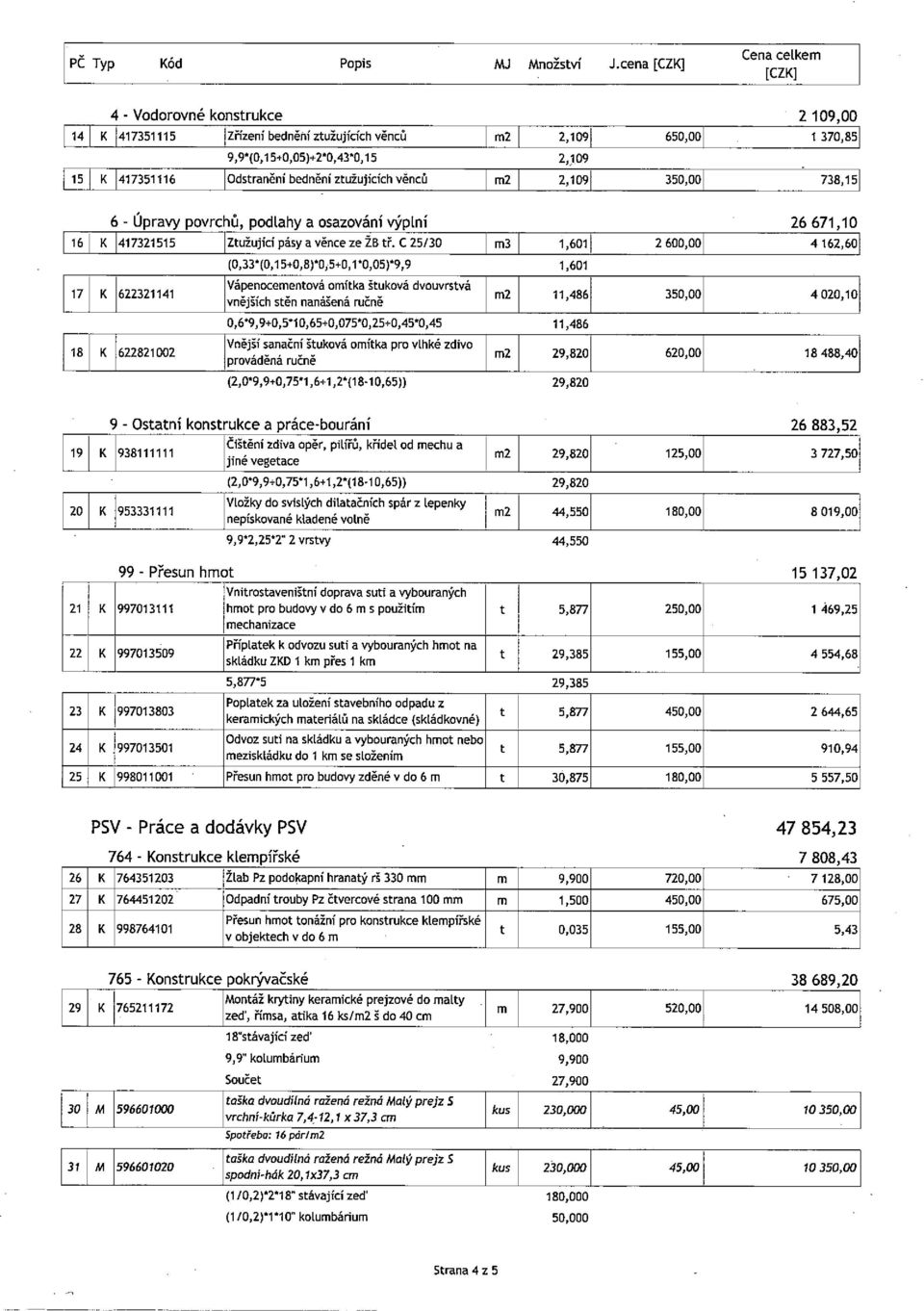 věnců m2 2,109 350,00 738,1 L [ 6 - Úpravy povrchů, podlahy a osazování výplní 26 671,10 16 K 417321515 Ztužující pásya věnceze ŽB tř C 25130 m3 1,601 2 600,0O 4 162,60 (0,33*(0,1 5+0,8) 0,5 0,1