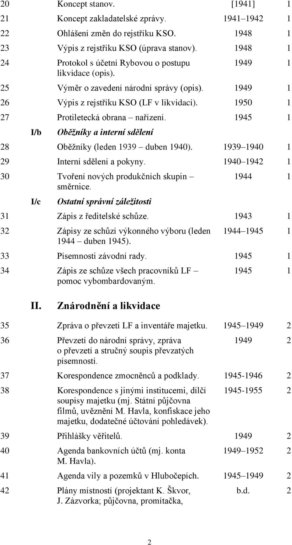 1950 1 27 Protiletecká obrana nařízení. 1945 1 I/b Oběžníky a interní sdělení 28 Oběžníky (leden 1939 duben 1940). 1939 1940 1 29 Interní sdělení a pokyny.