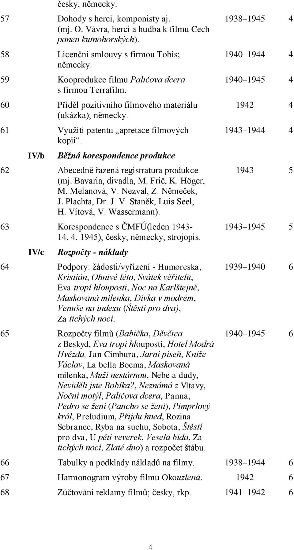 IV/b Běžná korespondence produkce 62 Abecedně řazená registratura produkce (mj. Bavaria, divadla, M. Frič, K. Höger, M. Melanová, V. Nezval, Z. Němeček, J. Plachta, Dr. J. V. Staněk, Luis Seel, H.