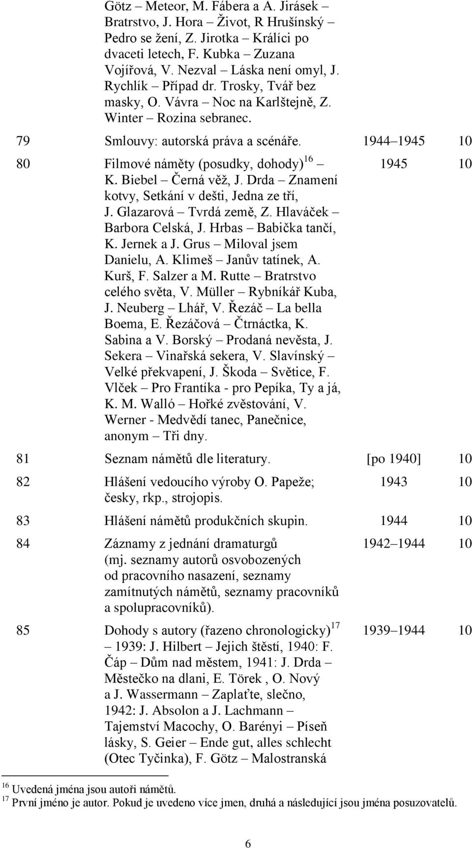 Biebel Černá věž, J. Drda Znamení kotvy, Setkání v dešti, Jedna ze tří, J. Glazarová Tvrdá země, Z. Hlaváček Barbora Celská, J. Hrbas Babička tančí, K. Jernek a J. Grus Miloval jsem Danielu, A.