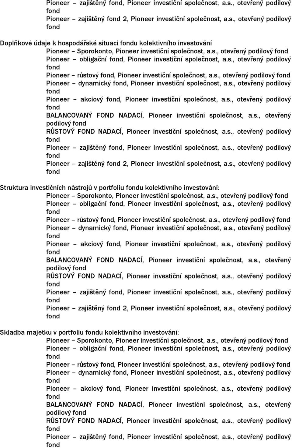 s., otevřený podílový fond Pioneer růstový fond, Pioneer dynamický fond, Pioneer investiční společnost, a.s., otevřený podílový fond Pioneer akciový fond, Pioneer investiční společnost, a.s., otevřený podílový fond BALANCOVANÝ FOND NADACÍ, Pioneer investiční společnost, a.