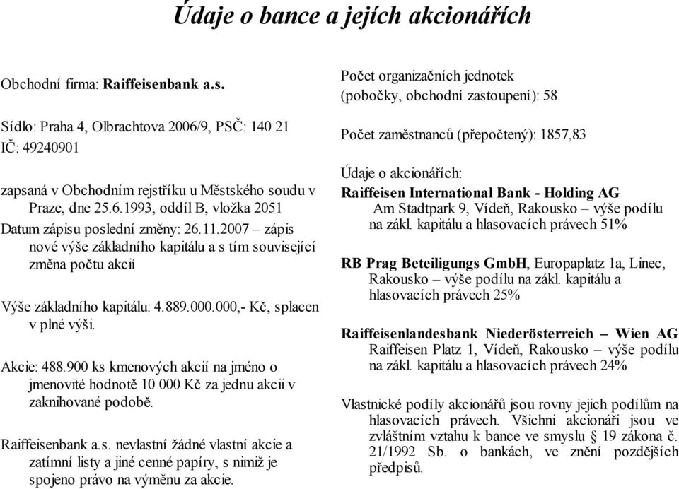 900 ks kmenových akcií na jméno o jmenovité hodnotě 10 000 Kč za jednu akcii v zaknihované podobě. Raiffeisenbank a.s. nevlastní žádné vlastní akcie a zatímní listy a jiné cenné papíry, s nimiž je spojeno právo na výměnu za akcie.