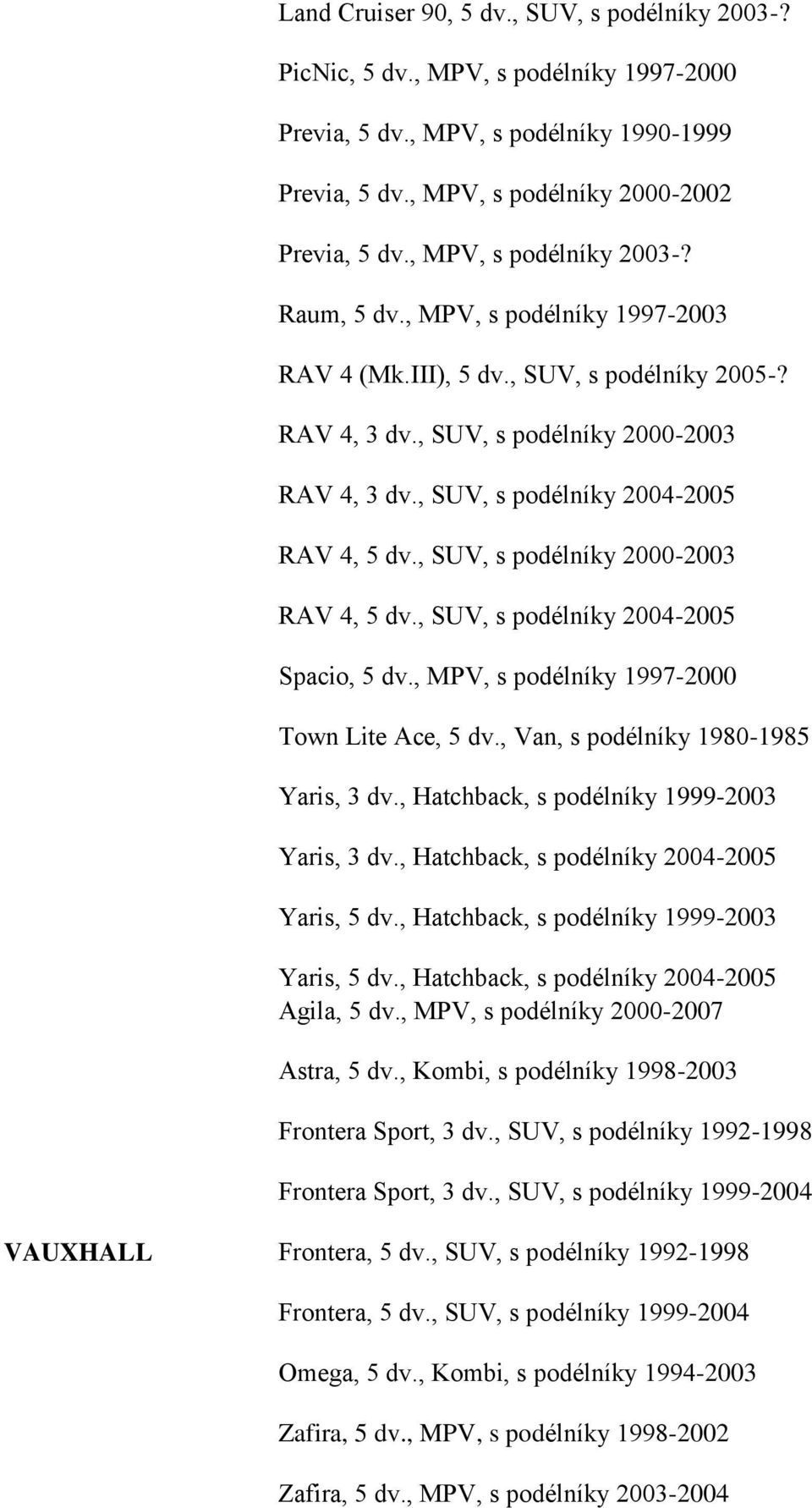 , SUV, s podélníky 2004-2005 RAV 4, 5 dv., SUV, s podélníky 2000-2003 RAV 4, 5 dv., SUV, s podélníky 2004-2005 Spacio, 5 dv., MPV, s podélníky 1997-2000 Town Lite Ace, 5 dv.