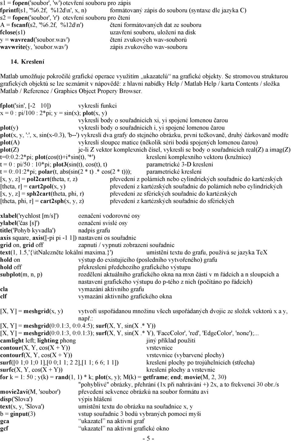 2f, %12d\n') čtení formátovaných dat ze souboru fclose(s1) uzavření souboru, uložení na disk y = wavread('soubor.wav') čtení zvukových wav-souborů wavwrite(y, 'soubor.