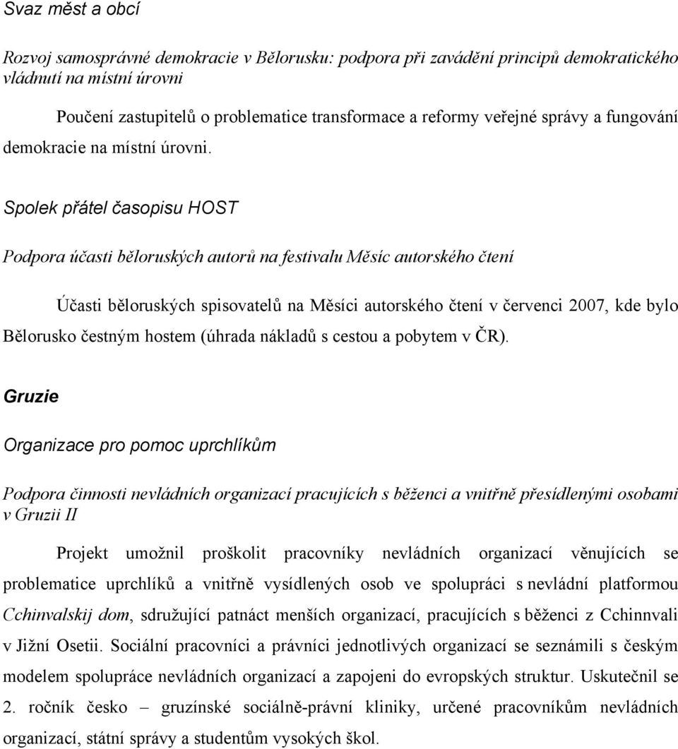 Spolek přátel časopisu HOST Podpora účasti běloruských autorů na festivalu Měsíc autorského čtení Účasti běloruských spisovatelů na Měsíci autorského čtení v červenci 2007, kde bylo Bělorusko čestným