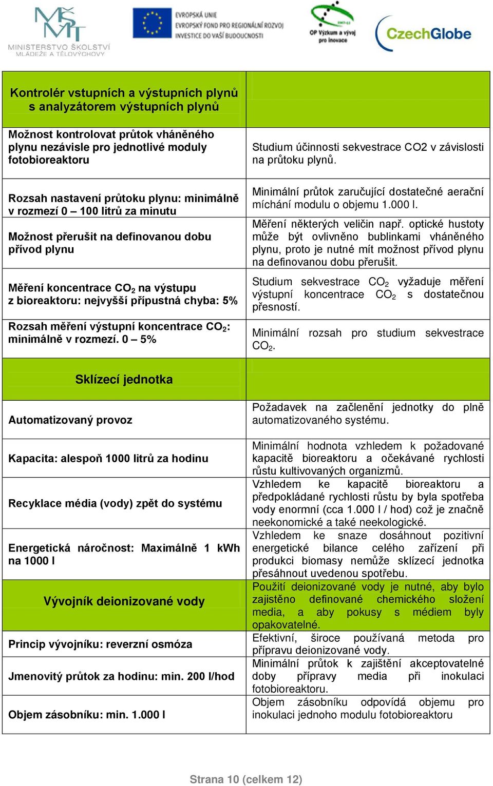 koncentrace CO 2 : minimálně v rozmezí. 0 5% Studium účinnosti sekvestrace CO2 v závislosti na průtoku plynů. Minimální průtok zaručující dostatečné aerační míchání modulu o objemu 1.000 l.