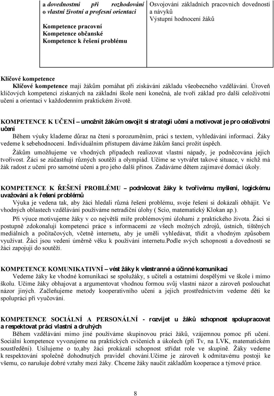 Úroveň klíčových kompetencí získaných na základní škole není konečná, ale tvoří základ pro další celoživotní učení a orientaci v každodenním praktickém životě.