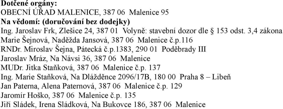 Miroslav Šejna, Pátecká č.p.1383, 290 01 Poděbrady III Jaroslav Mráz, Na Návsi 36, 387 06 Malenice MUDr. Jitka Staňková, 387 06 Malenice č.p. 137 Ing.