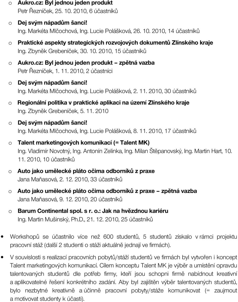 Lucie Polášková, 2. 11. 2010, 30 účastníků o Regionální politika v praktické aplikaci na území Zlínského kraje Ing. Zbyněk Grebeníček, 5. 11. 2010 o Dej svým nápadům šanci! Ing. Markéta Mlčochová, Ing.