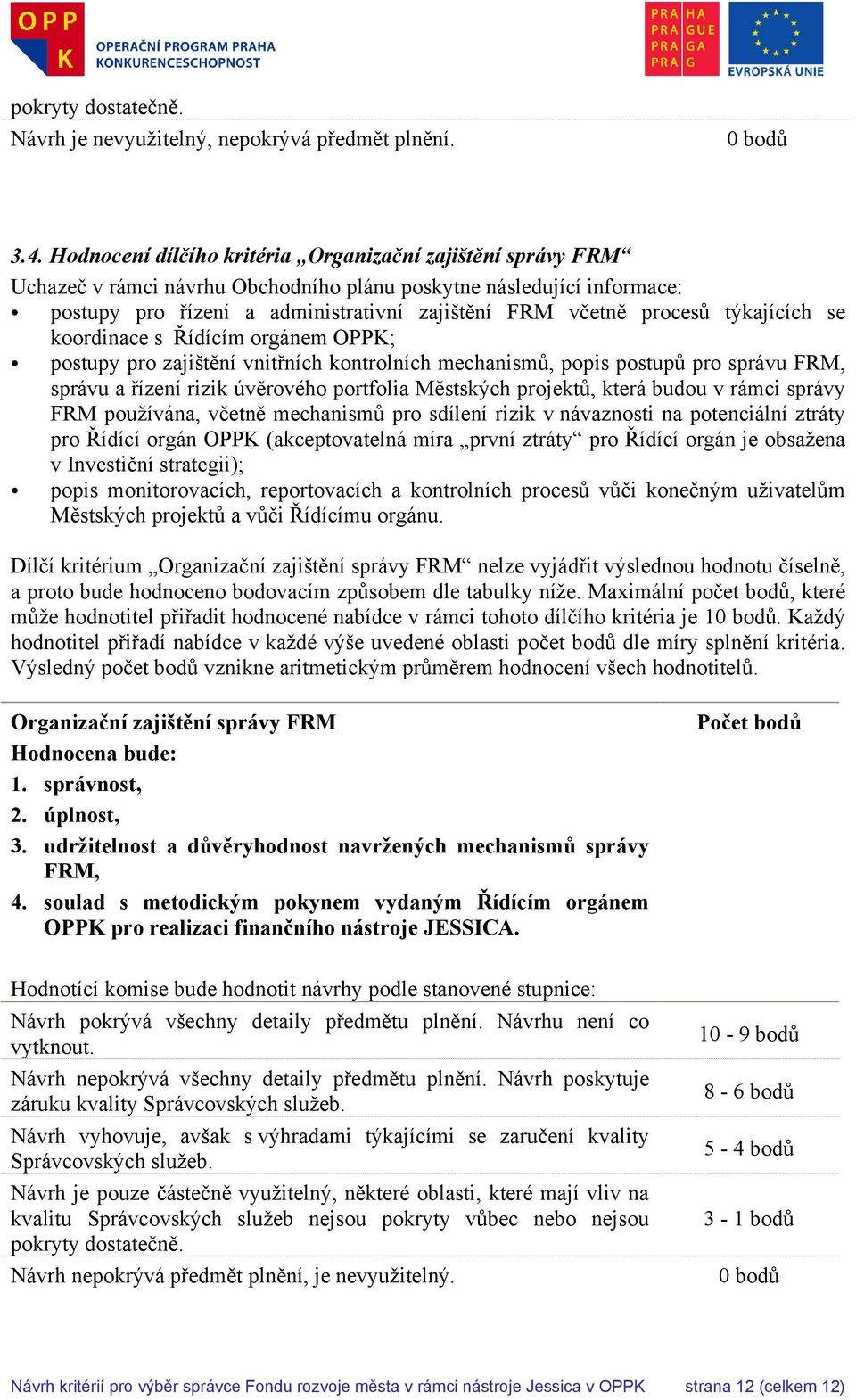 týkajících se koordinace s Řídícím orgánem OPPK; postupy pro zajištění vnitřních kontrolních mechanismů, popis postupů pro správu FRM, správu a řízení rizik úvěrového portfolia Městských projektů,