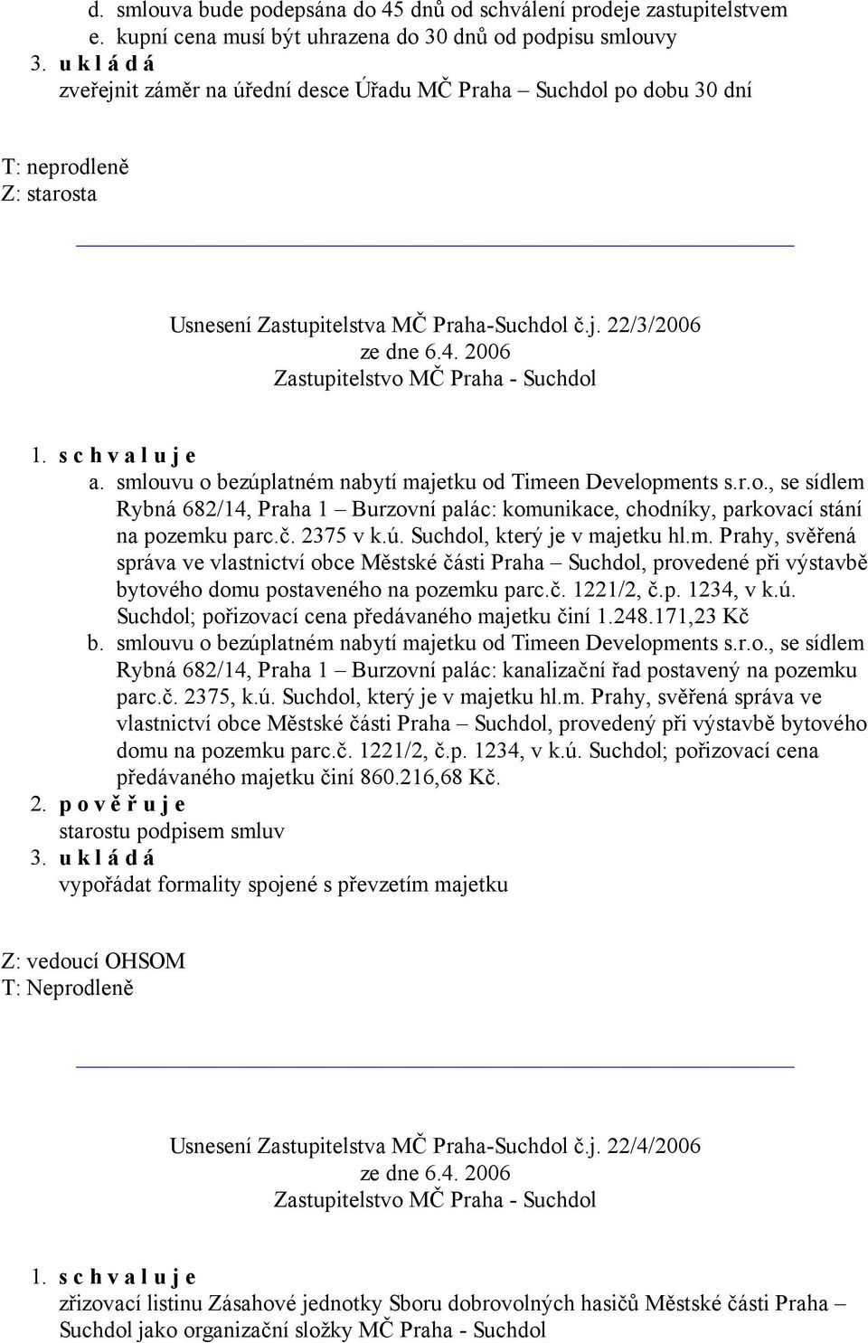 smlouvu o bezúplatném nabytí majetku od Timeen Developments s.r.o., se sídlem Rybná 682/14, Praha 1 Burzovní palác: komunikace, chodníky, parkovací stání na pozemku parc.č. 2375 v k.ú. Suchdol, který je v majetku hl.