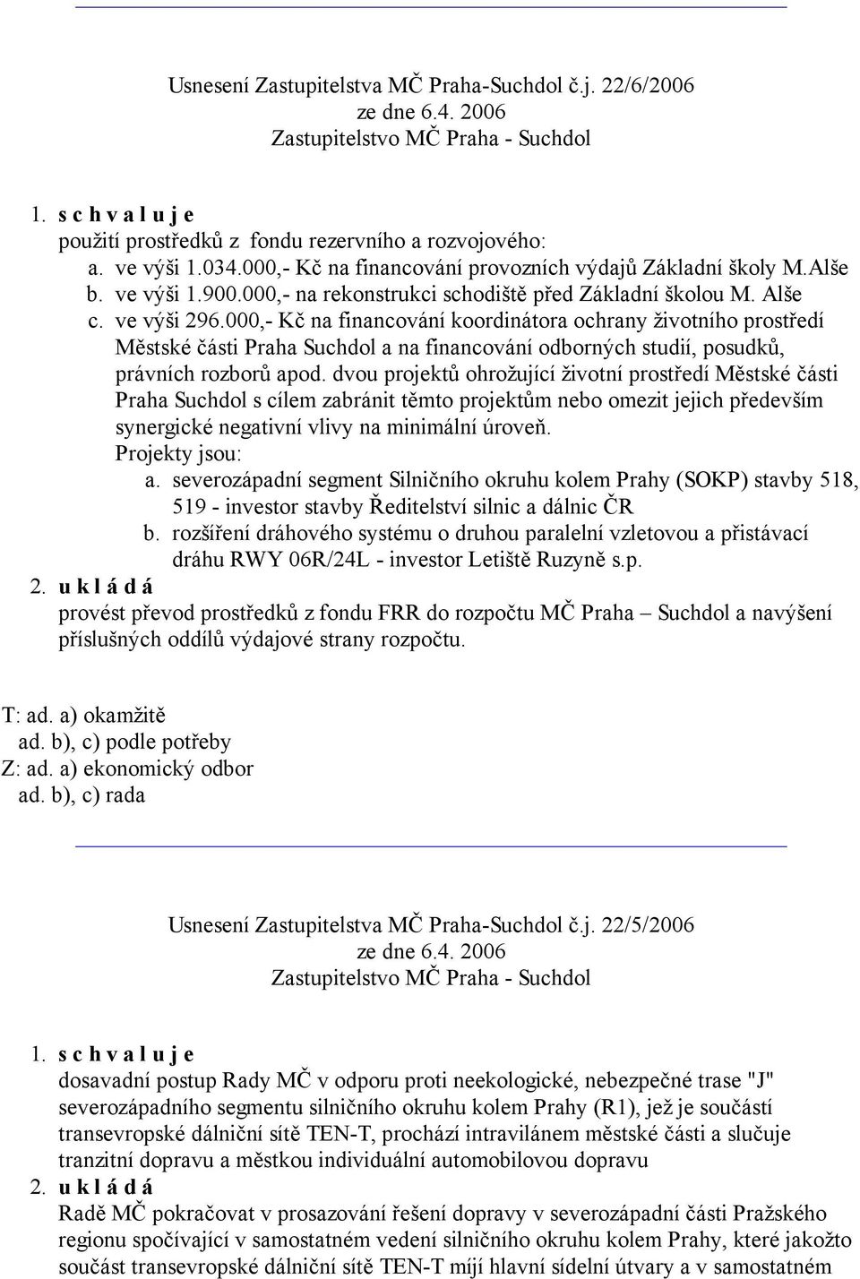 000,- Kč na financování koordinátora ochrany životního prostředí Městské části Praha Suchdol a na financování odborných studií, posudků, právních rozborů apod.