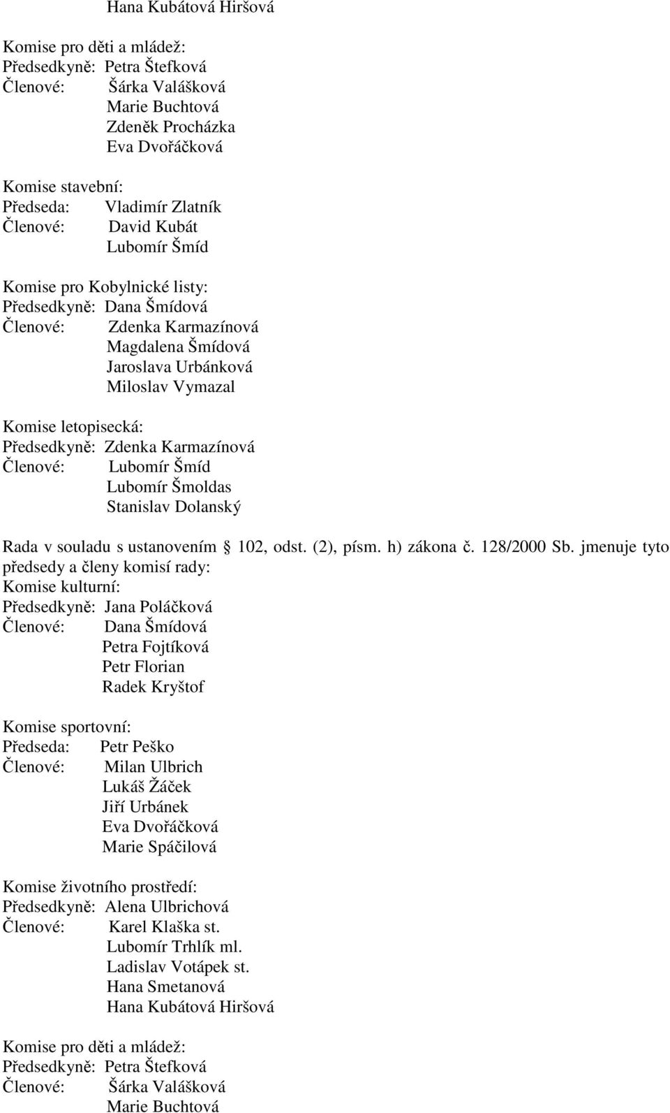 Karmazínová Členové: Lubomír Šmíd Lubomír Šmoldas Stanislav Dolanský Rada v souladu s ustanovením 102, odst. (2), písm. h) zákona č. 128/2000 Sb.