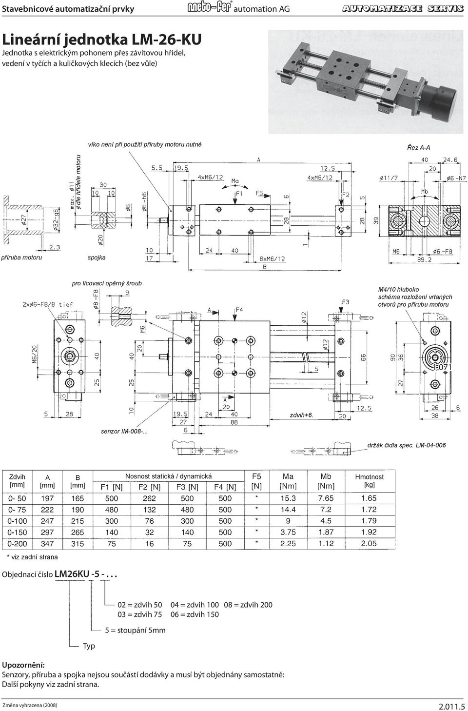 .. držák čidla spec. LM-04-006 Zdvih [mm] A [mm] B [mm] Nosnost statická / dynamická Hmotnost [kg] h fine threads. * viz zadní strana. (see section "Stop Screws with plug-in sensing elements").