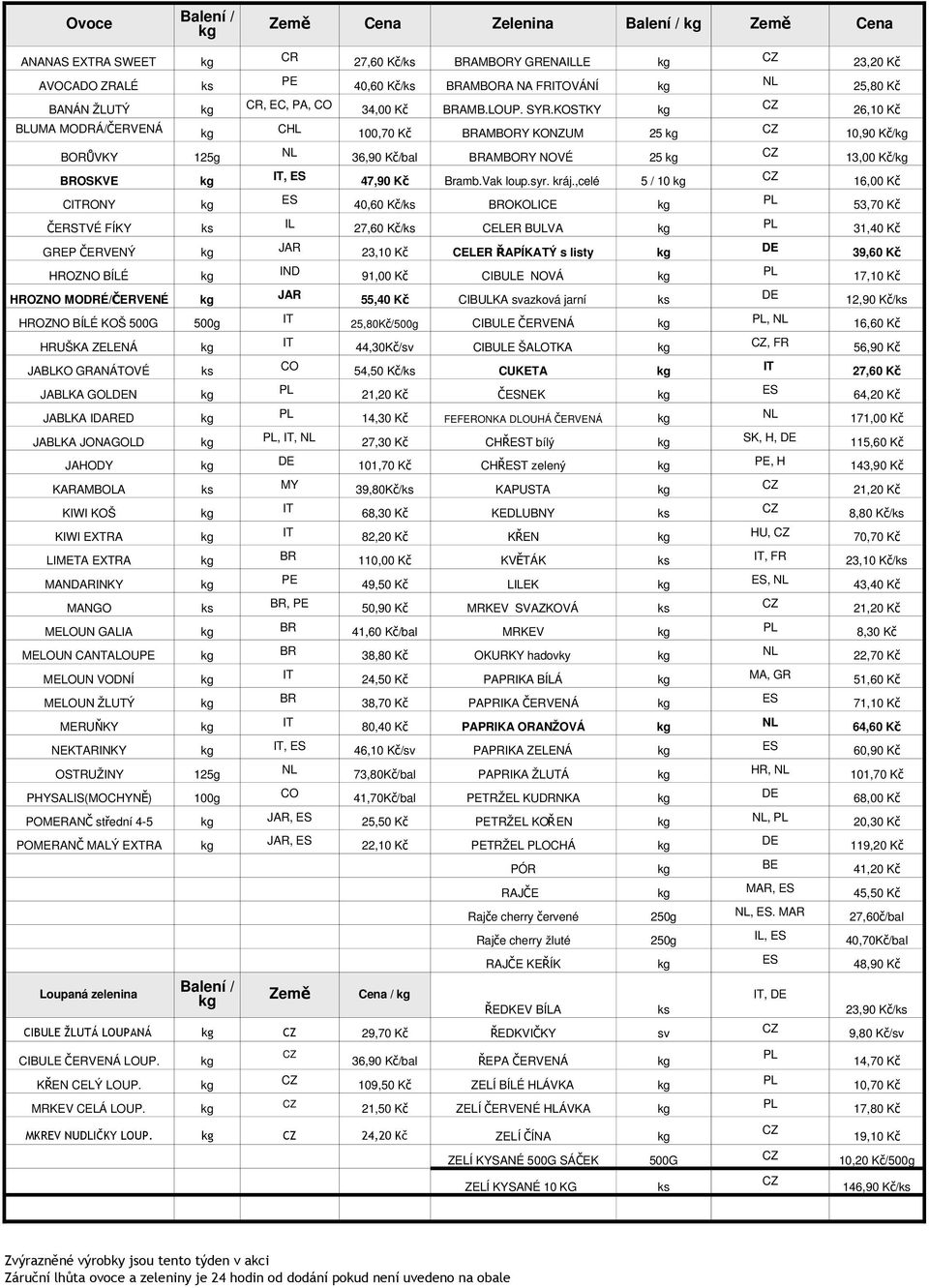 kráj.,celé 5 / 10 16,00 Kč CRONY 40,60 K č/ BROKOLICE 53,70 Kč ČERSTVÉ FÍKY IL 27,60 K č/ CELER BULVA 31,40 Kč GREP ČERVENÝ JAR 23,10 Kč CELER ŘAPÍKATÝ s listy DE 39,60 Kč HROZNO BÍLÉ HROZNO MODRÉ/