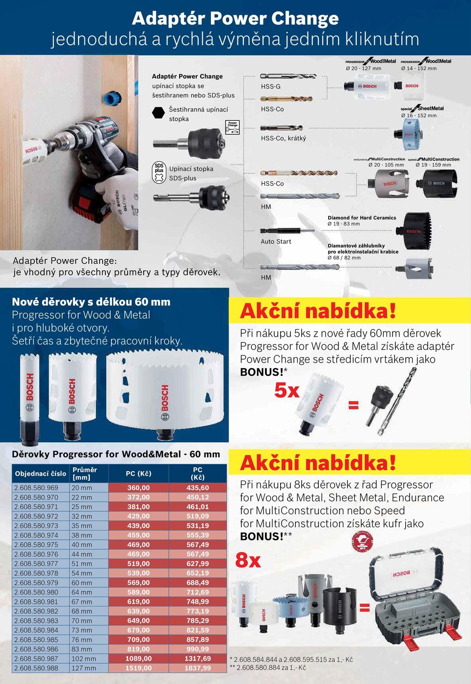 děrovek. Auto Start HM Diamantové záhlubníky pro elektroinstalační krabice Ø 68 / 82 mm Nové děrovky s délkou 60 mm Progressor for Wood & Metal i pro hluboké otvory.