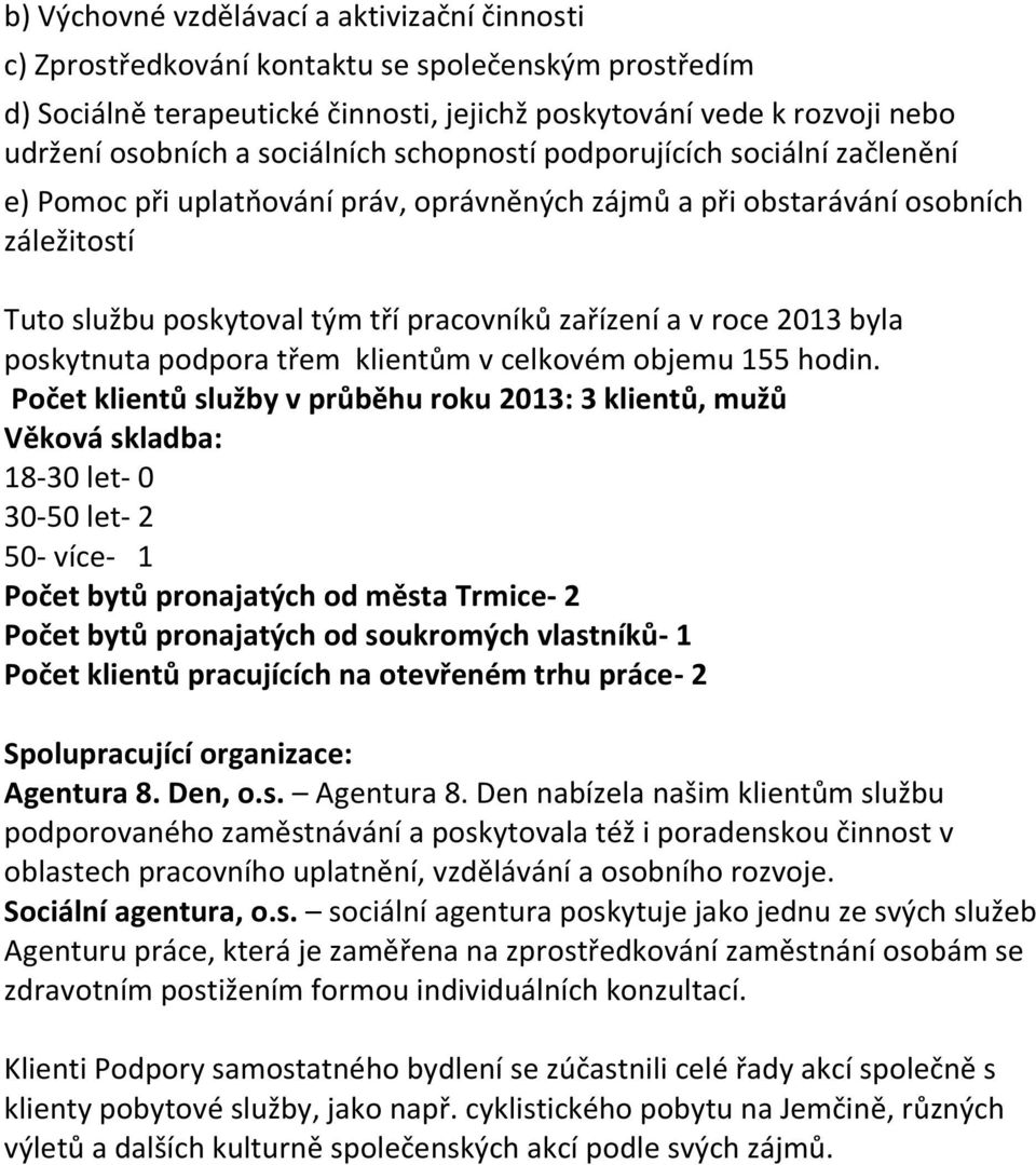 roce 2013 byla poskytnuta podpora třem klientům v celkovém objemu 155 hodin.