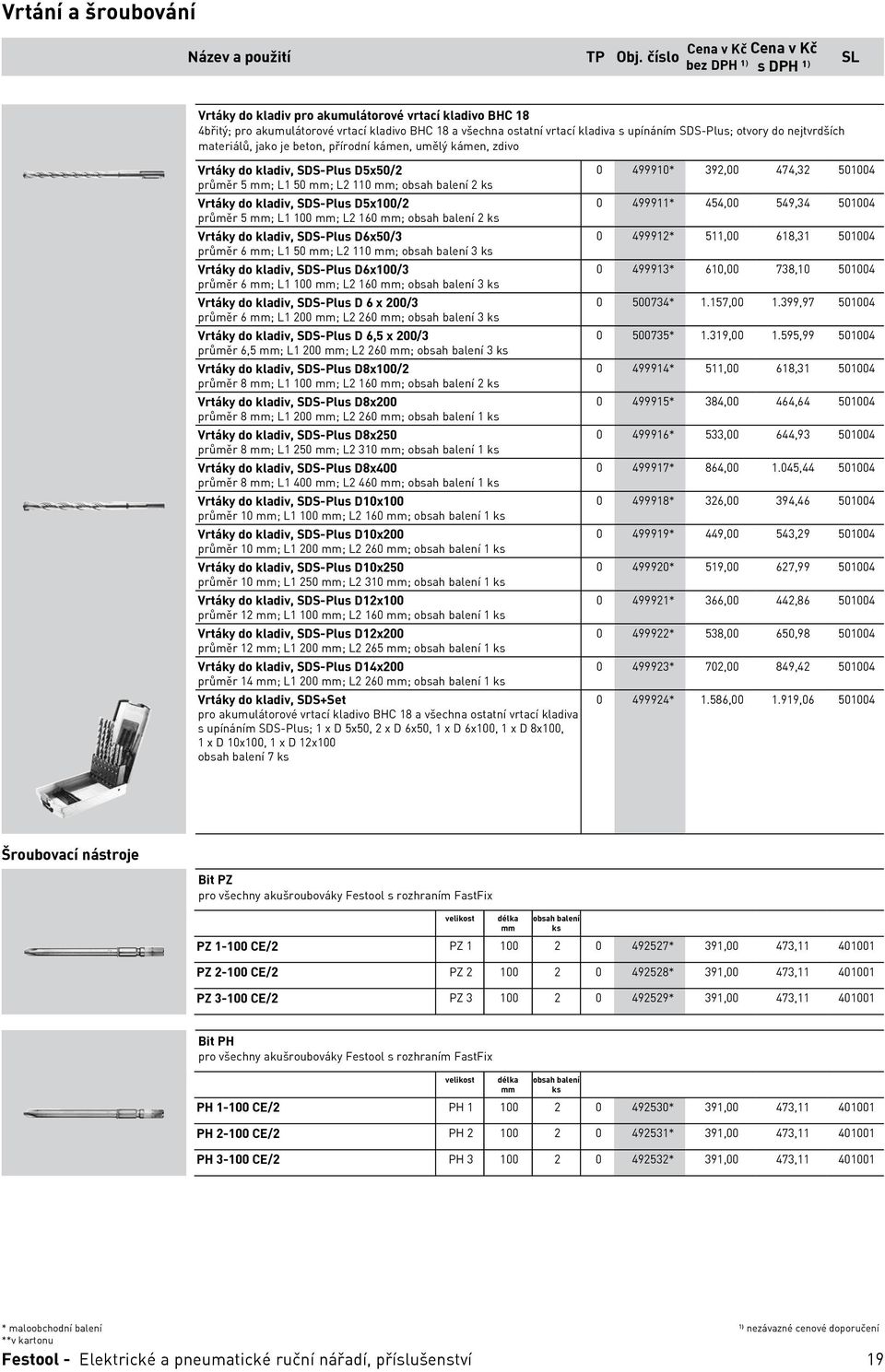 SDS-Plus D5x100/2 průměr 5 ; L1 100 ; L2 160 ; obsah balení 2 ks {$d=sds-plus D5x100/2} Vrtáky do kladiv, SDS-Plus D6x50/3 průměr 6 ; L1 50 ; L2 110 ; obsah balení 3 ks {$d=sds-plus D6x50/3} Vrtáky