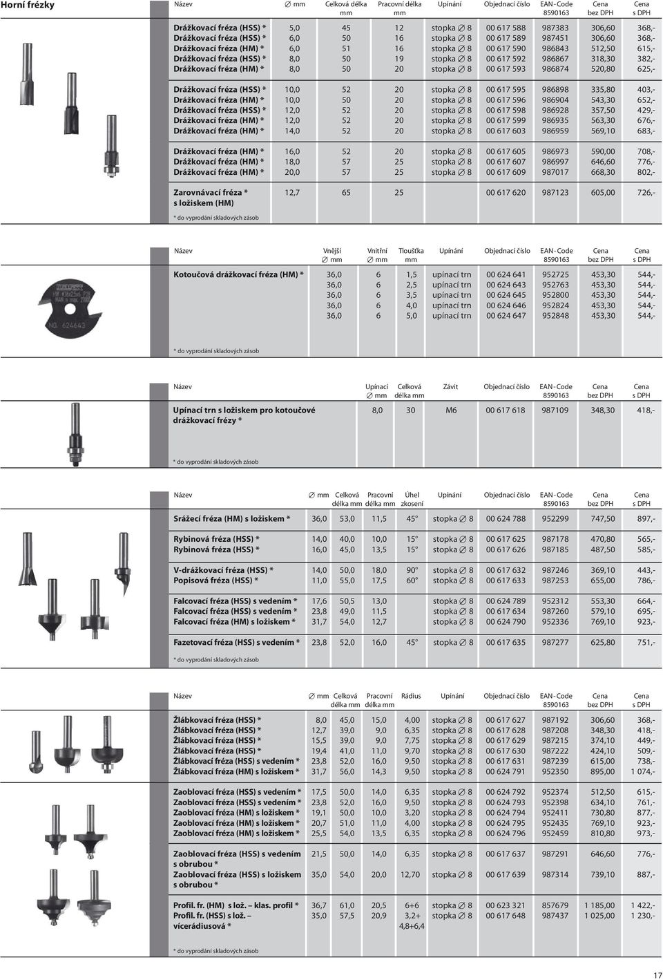382,- Drážkovací fréza (HM) * 8,0 50 20 stopka 8 00 617 593 986874 520,80 625,- Drážkovací fréza (HSS) * 10,0 52 20 stopka 8 00 617 595 986898 335,80 403,- Drážkovací fréza (HM) * 10,0 50 20 stopka 8