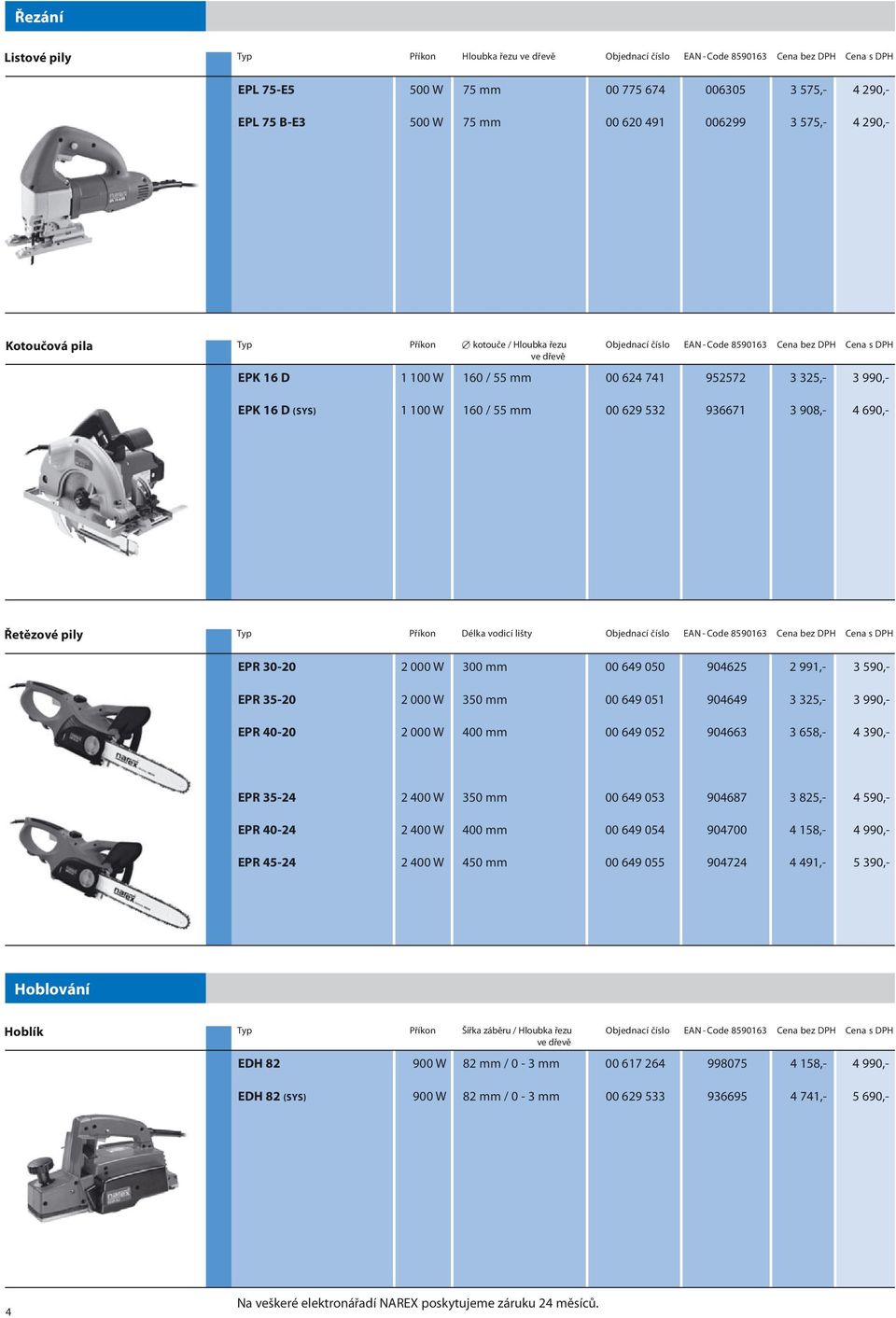 3 990,- EPK 16 D (SYS) 1 100 W 160 / 55 mm 00 629 532 936671 3 908,- 4 690,- Řetězové pily Typ Příkon Délka vodicí lišty Objednací číslo EAN - Code 8590163 Cena bez DPH Cena s DPH EPR 30-20 2 000 W