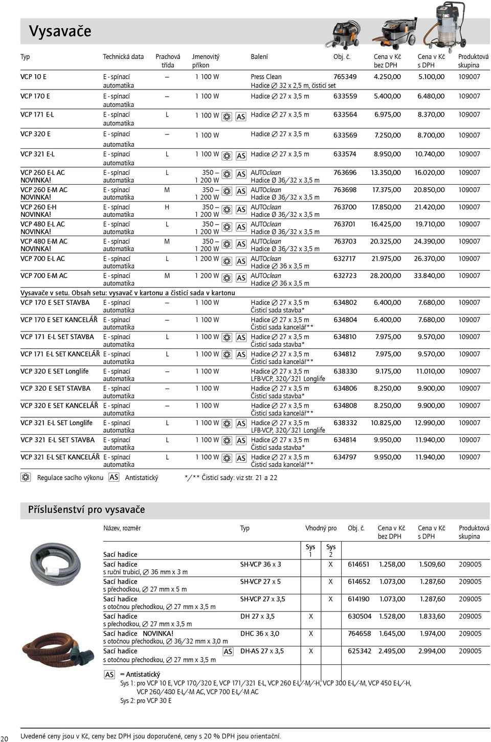 370,00 1 100 W AS Hadice 27 x 3,5 m automatika VCP 320 E E spínací Hadice 27 x 3,5 m 1 100 W 633569 7.250,00 8.700,00 automatika VCP 321 EL E spínací L 1 100 W 633574 8.950,00 10.