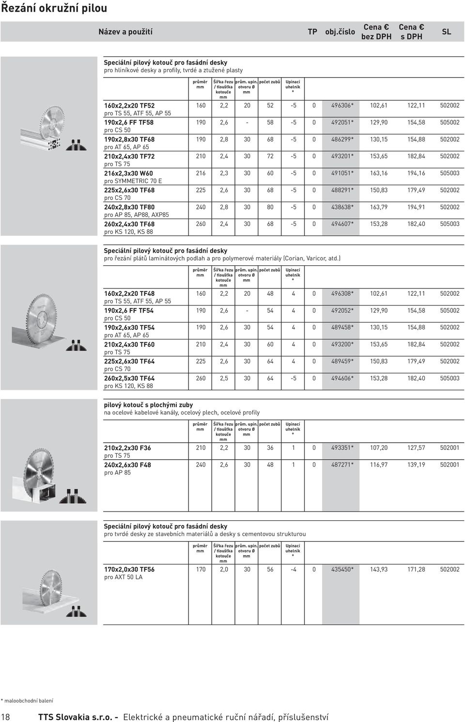 65 210x2,4x30 TF72 pro TS 75 216x2,3x30 W60 pro SYMMETRIC 70 E 225x2,6x30 TF68 pro CS 70 240x2,8x30 TF80 pro AP 85, AP88, AXP85 260x2,4x30 TF68 pro KS 120, KS 88 průměr Šířka řezu / tloušťka kotouče