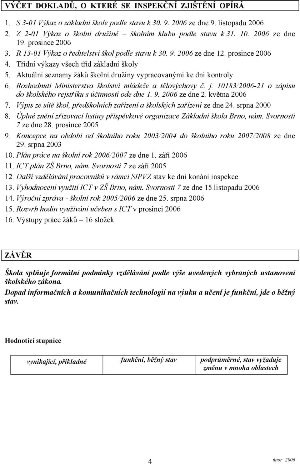 Aktuální seznamy žáků školní družiny vypracovanými ke dni kontroly 6. Rozhodnutí Ministerstva školství mládeže a tělovýchovy č. j. 10183/2006-21 o zápisu do školského rejstříku s účinností ode dne 1.