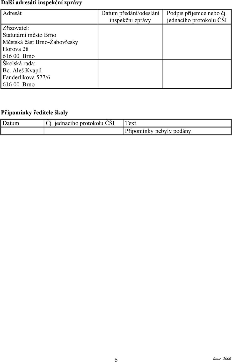 Aleš Kvapil Fanderlíkova 577/6 616 00 Brno Datum předání/odeslání inspekční zprávy Podpis