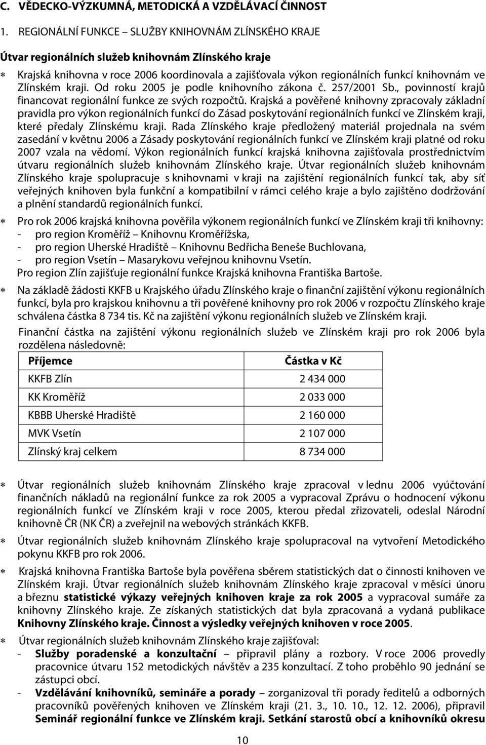 Zlínském kraji. Od roku 2005 je podle knihovního zákona č. 257/2001 Sb., povinností krajů financovat regionální funkce ze svých rozpočtů.