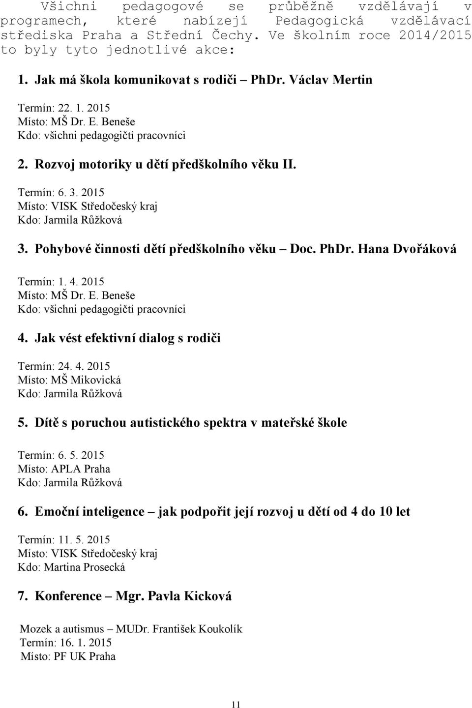 2015 Místo: VISK Středočeský kraj Kdo: Jarmila Růžková 3. Pohybové činnosti dětí předškolního věku Doc. PhDr. Hana Dvořáková Termín: 1. 4. 2015 Místo: MŠ Dr. E.