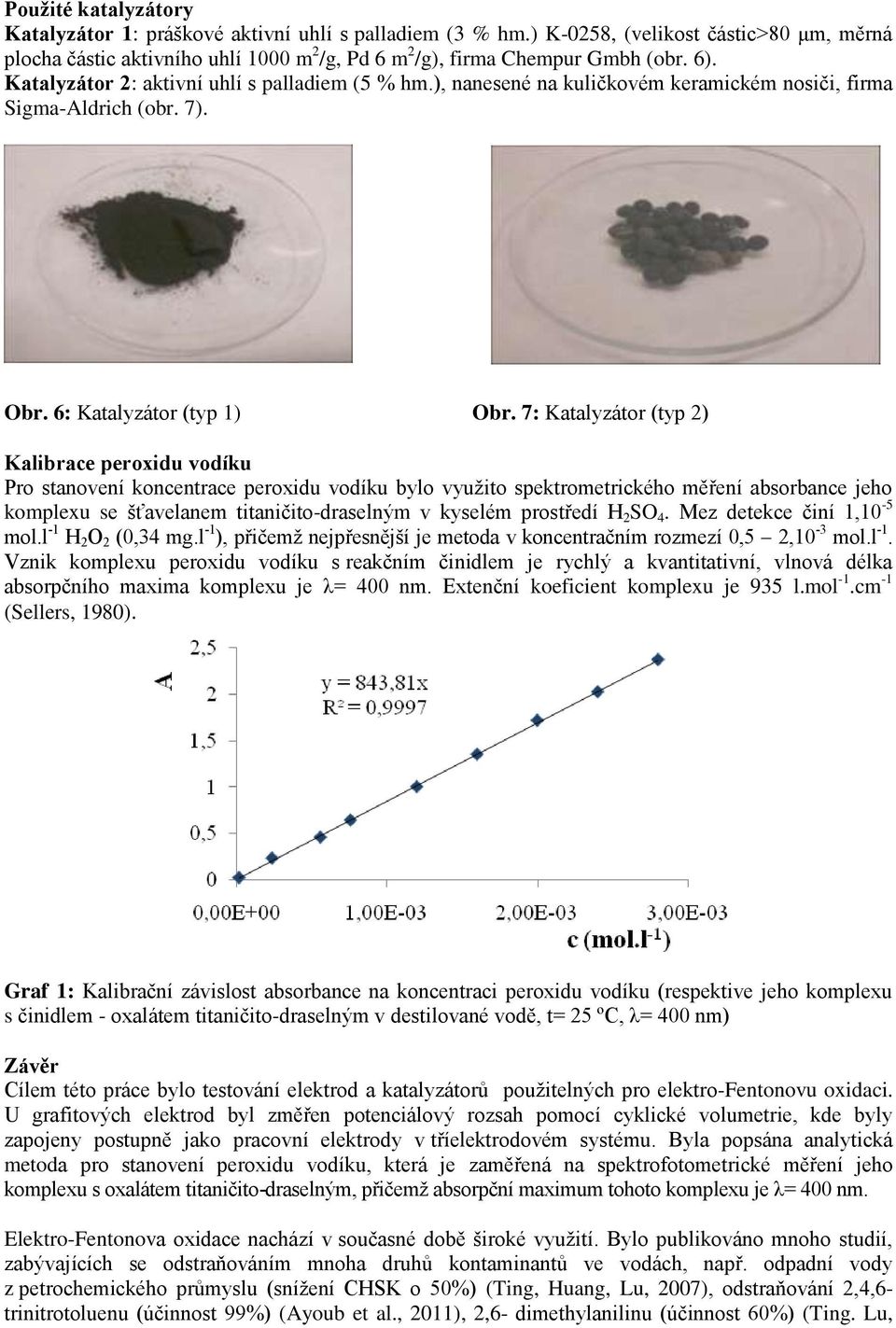 7: Katalyzátor (typ 2) Kalibrace peroxidu vodíku Pro stanovení koncentrace peroxidu vodíku bylo využito spektrometrického měření absorbance jeho komplexu se šťavelanem titaničito-draselným v kyselém