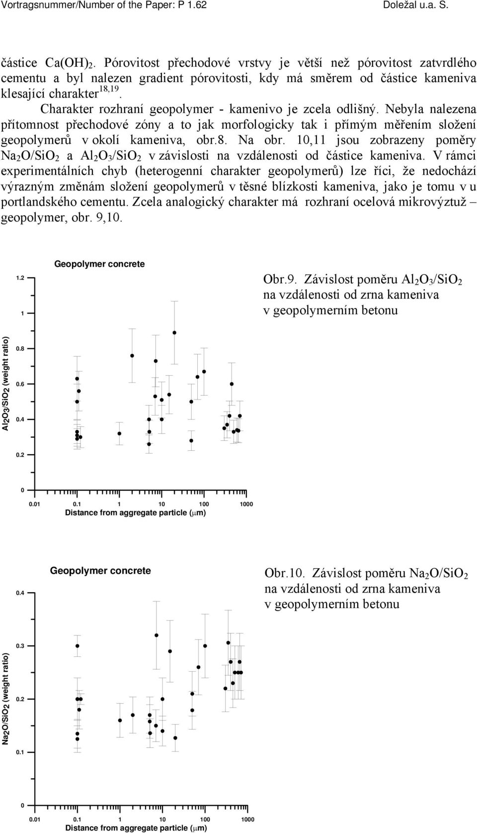 1,11 jsou zobrazeny poměry Na 2 O/SiO 2 a Al 2 O 3 /SiO 2 v závislosti na vzdálenosti od částice kameniva.
