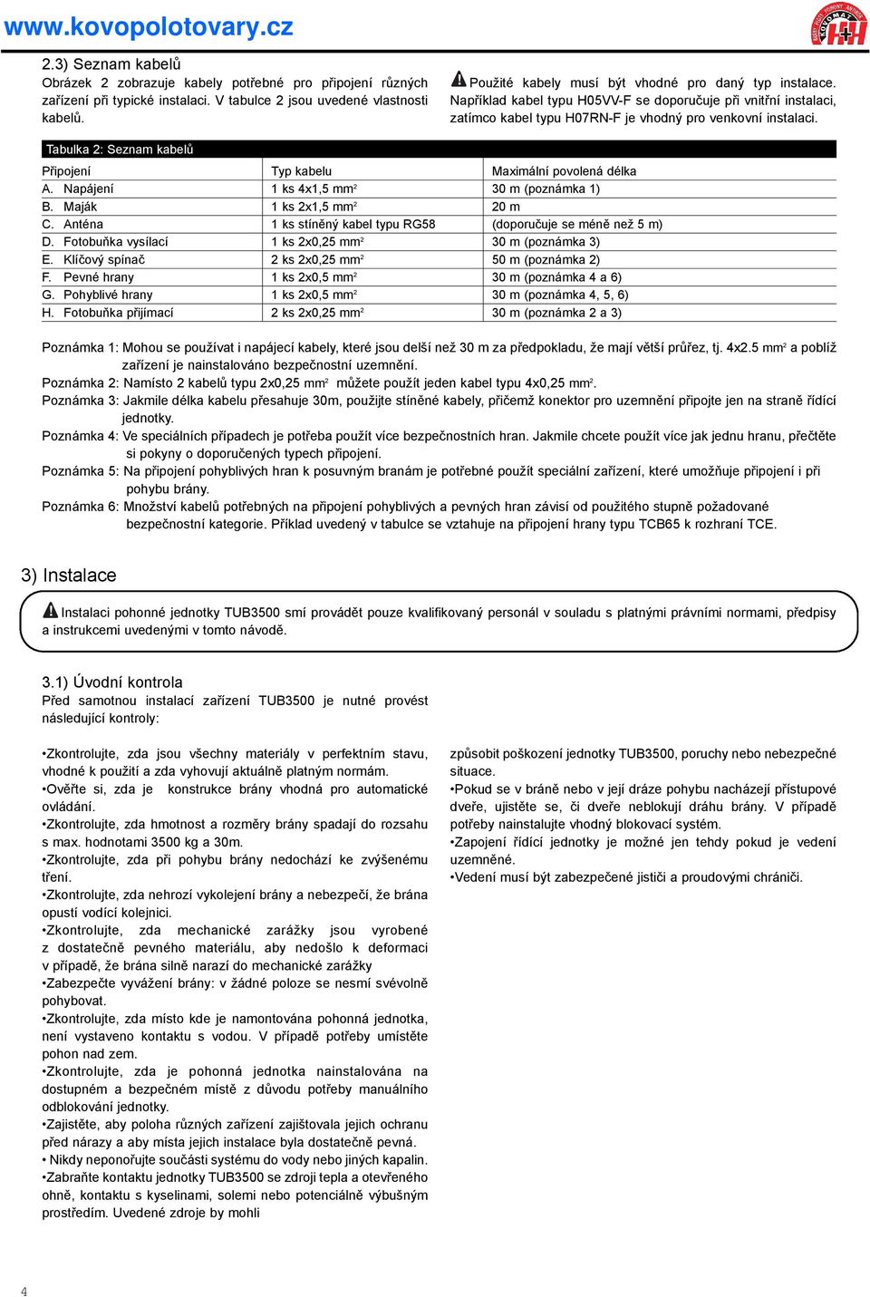 Tabulka 2: Seznam kabelù Pøipojení Typ kabelu Maximální povolená délka A. Napájení 1 ks 4x1,5 mm 2 30 m (poznámka 1) B. Maják 1 ks 2x1,5 mm 2 20 m C.