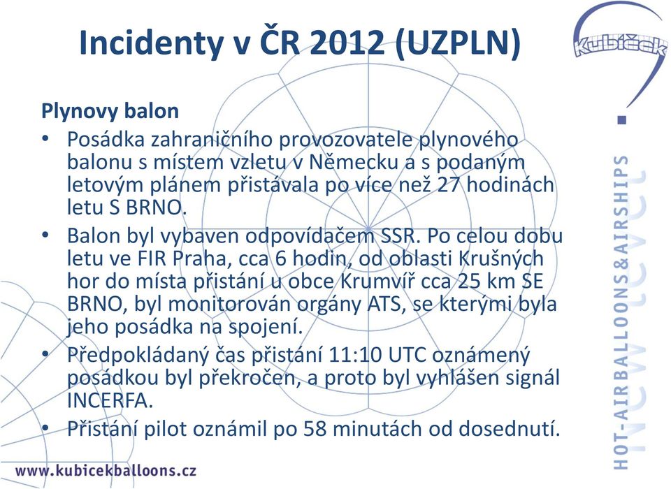 Po celou dobu letu ve FIR Praha, cca 6 hodin, od oblasti Krušných hor do místa přistání u obce Krumvíř cca 25 km SE BRNO, byl monitorován orgány