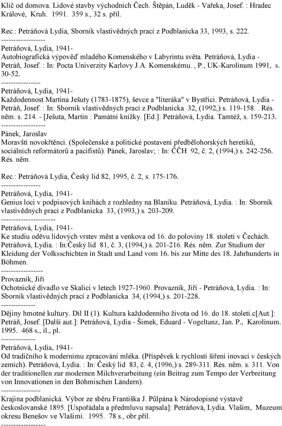 : In: Pocta Univerzity Karlovy J.A. Komenskému., P., UK-Karolinum 1991, s. 30-52. Každodennost Martina Ješuty (1783-1875), ševce a "literáka" v Bystřici. Petráňová, Lydia - Petráň, Josef.