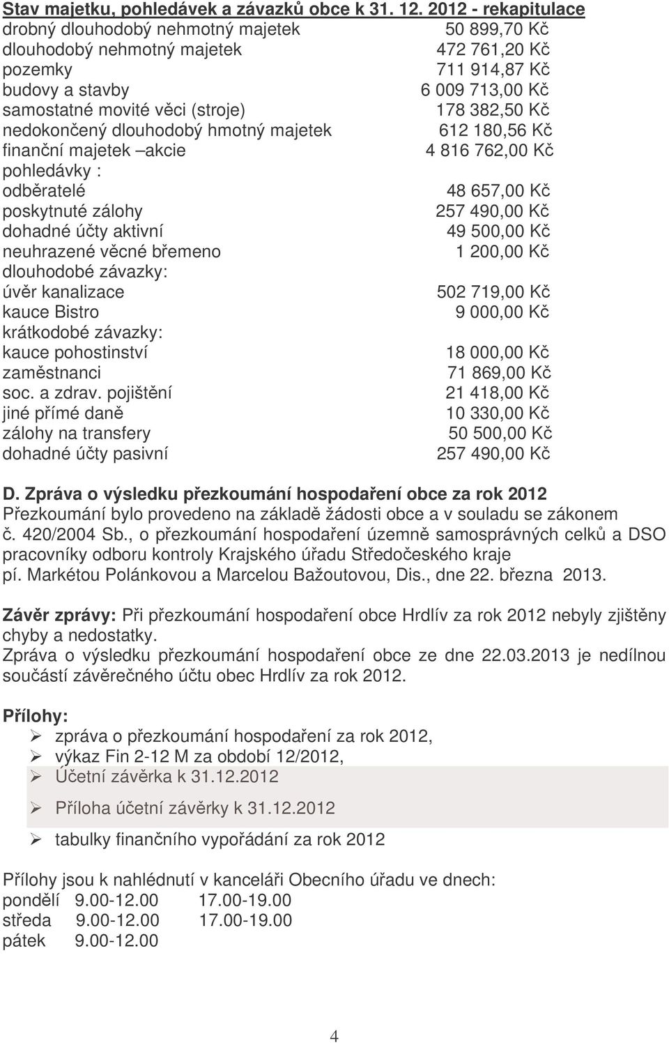 382,50 K nedokonený dlouhodobý hmotný majetek 612 180,56 K finanní majetek akcie 4 816 762,00 K pohledávky : odbratelé 48 657,00 K poskytnuté zálohy 257 490,00 K dohadné úty aktivní 49 500,00 K