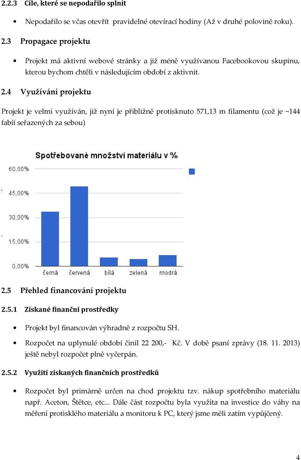 4 Využívání projektu Projekt je velmi využíván, již nyní je přibližně protisknuto 571,13 m filamentu (což je ~144 fabíí seřazených za sebou) 2.5 Přehled financování projektu 2.5.1 Získané finanční prostředky Projekt byl financován výhradně z rozpočtu SH.