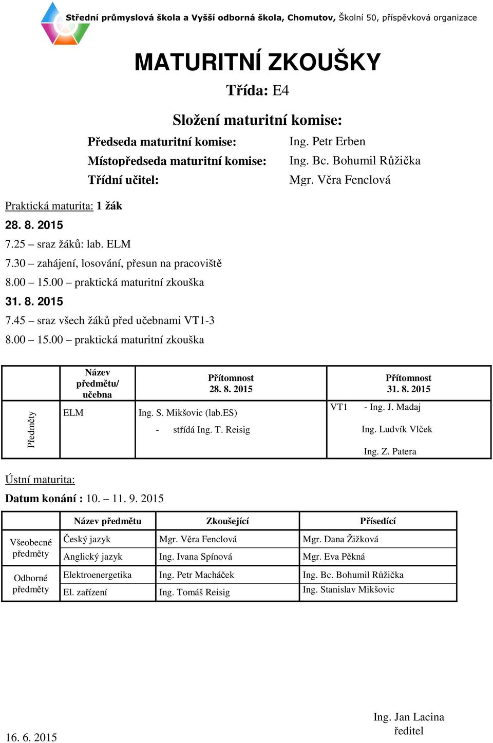 es) - střídá Ing. T. Reisig VT1 Datum konání : 10. 11. 9. 2015 Český jazyk Mgr. Věra Fenclová Mgr.