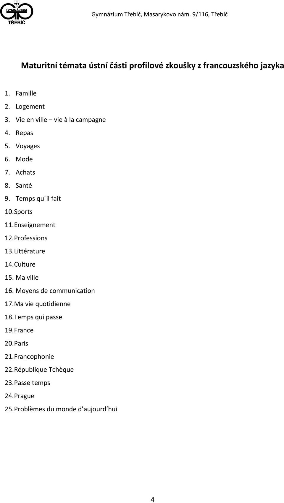 Enseignement 12. Professions 13. Littérature 14. Culture 15. Ma ville 16. Moyens de communication 17.