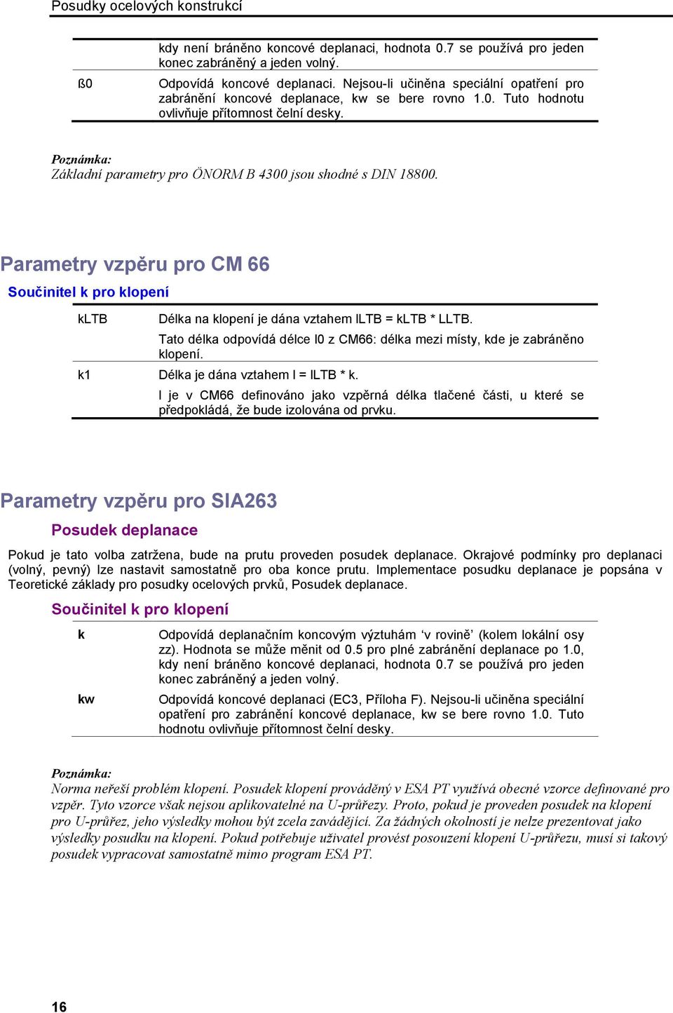 Poznámka: Základní parametry pro ÖNORM B 4300 jsou shodné s DIN 18800. Parametry vzpěru pro CM 66 Součinitel k pro klopení kltb Délka na klopení je dána vztahem lltb = kltb * LLTB.