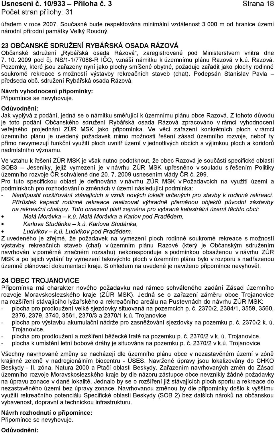 NS/1-1/77088-R IČO, vznáší námitku k územnímu plánu Razová 