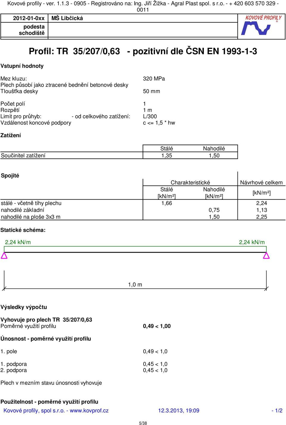 Vzdálenost koncové podpory c <= 1,5 * hw Zatížení Stálé Nahodilé Sou initel zatížení 1,35 1,50 Spojité Charakteristické Návrhové celkem Stálé Nahodilé [kn/m²] [kn/m²] [kn/m²] stálé - v etn tíhy