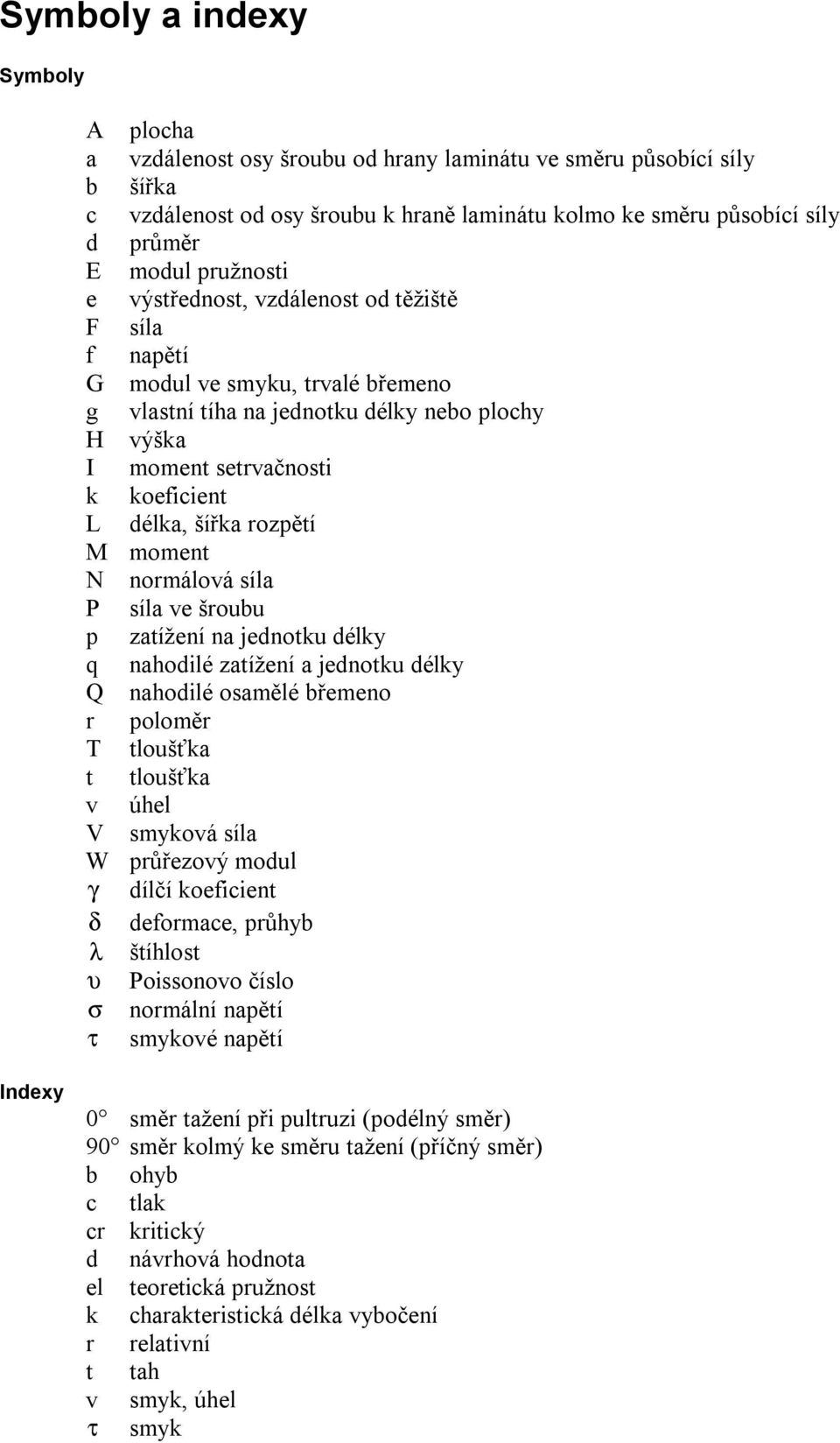 rozpětí M moment N normálová síla P síla ve šroubu p zatížení na jednotku délky q nahodilé zatížení a jednotku délky Q nahodilé osamělé břemeno r poloměr T tloušťka t tloušťka v úhel V smyková síla W